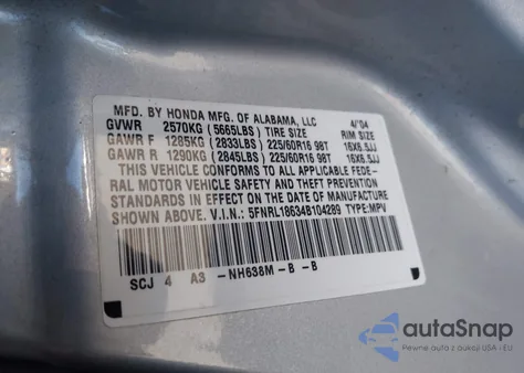 2004 Honda Odyssey Ex from USA, damaged, VIN 5FNRL18634B104289